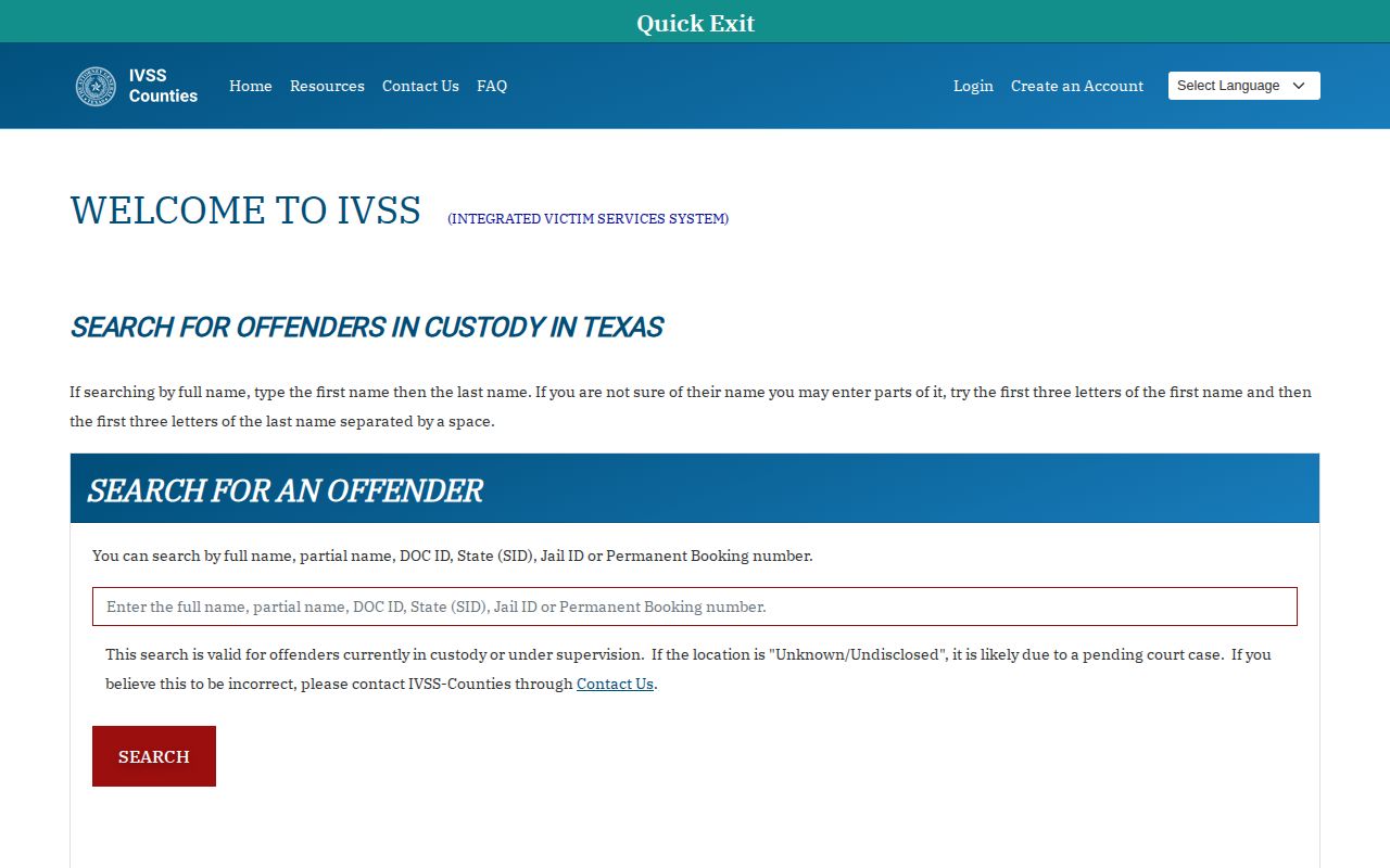 Texas IVSS-Counties Chambers County inmate check screen