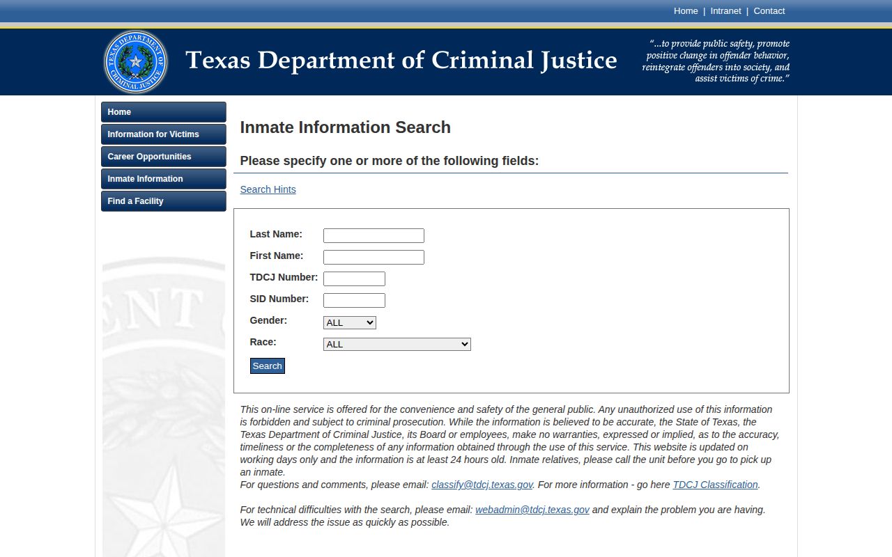 Chambers County projected release date fields on the TDCJ offender query